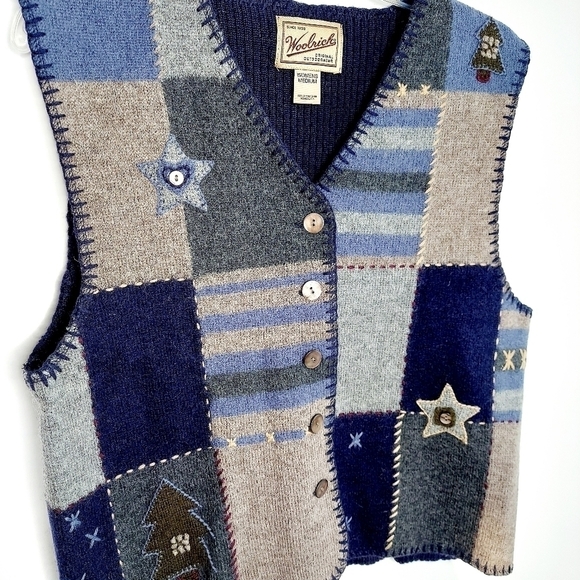 Vintage Woolrich 100% Wool Christmas Sweater Vest Cardigan Patchwork Medium EUC - Picture 2 of 13